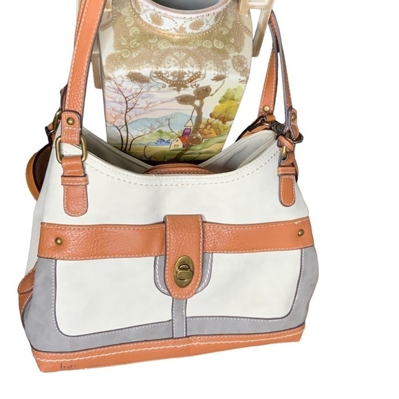 BOC- brown/grey and cream colored shoulder bag. Leather straps. 3 sections. - Picture 1 of 9